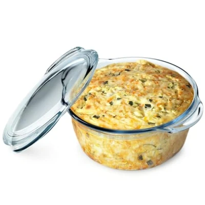 Afbeelding van KADAX Hittebestendige glazen ovenschaal, vuurvaste container, met deksel en handgrepen, braadservies, oven, elektrisch fornuis, lasagne, vlees, transparant (rond, 2,15 l)