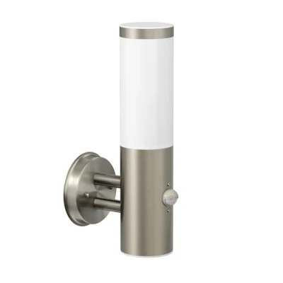 Afbeelding van ledscom.de PORU wandlamp voor buiten, IP44, bewegingsmelder, roestvrij staal, mat, rond, 1 x E27 max. 40 W, padverlichting, ingang, balkon, buitenlamp, lamp