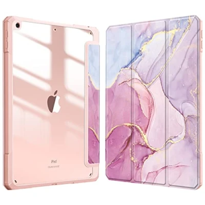 Afbeelding van Fintie Hoes Compatibel met 10,2 inch iPad 9. 2021/8 generatie. Generatie 2020/7. NL 2019 &quot;Ingebouwde pennenhouder&quot; schokbestendige afdekking, transparante, transparante harde schaal achterhoes, roze marmer