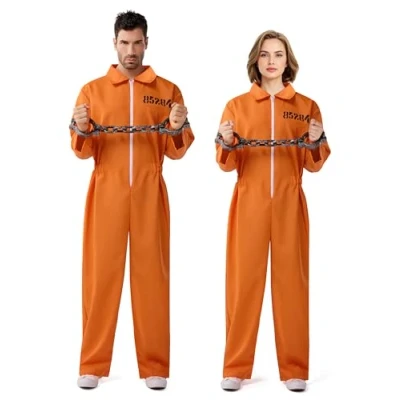 Afbeelding van Spooktacular Creations Gevangene kostuum voor heren, als jumpsuit, geschikt Halloween, themafeest, gevangenis escape cosplay, maat M, oranje