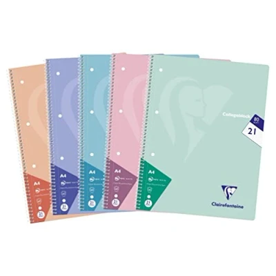 Afbeelding van Clairefontaine 306256C pak van 5 schoolschriften, DIN A4, 21 x 29,7 cm, 160 pagina&#039;s, 90 g, gelinieerd, pastelkleuren, 1 verpakking