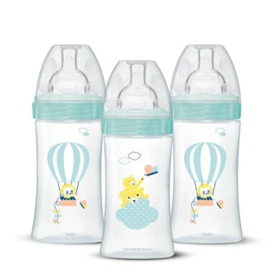 Afbeelding van Verpakking van 3 babyflessen DODIE EB19 270 ml Platte speen Groen