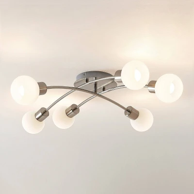 Afbeelding van Lindby plafondlamp 6lichts ijzer, glas H: 18 cm E14 gesatineerd nikkel, wit