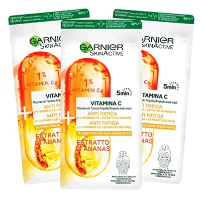 Afbeelding van 3 x Garnier SkinActive Vitamine C, stoffen masker, geconcentreerd, anti vermoeidheid en antioxidant, met ananasextract, wegwerpmaskers