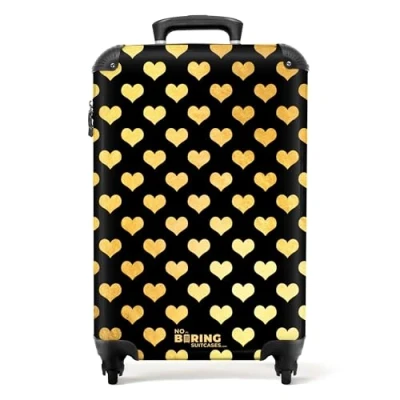Afbeelding van NoBoringSuitcases.com® Handbagage koffer lichtgewicht Reiskoffer trolley Gouden hartjes op zwarte achtergrond Rolkoffer met wieltjes Past binnen 55x40x20 en 55x35x25