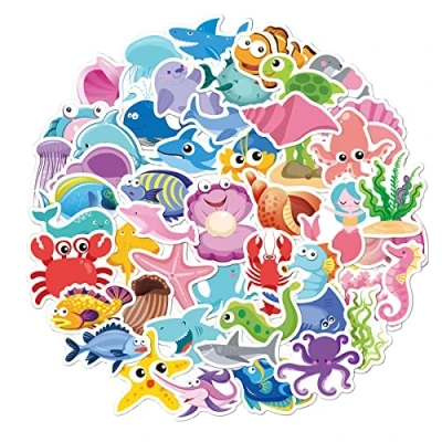 Afbeelding van 50 stuks waterdichte oceaanstickers van gekleurd vinyl voor kantoor, laptop, waterfles (oceaan)