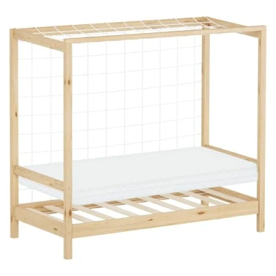 Afbeelding van Kinderbed voetbaldoel 70x140 cm naturel grenenhout incl. matras H 10cm Houten bed met lattenbodem &amp; doelnet ML design