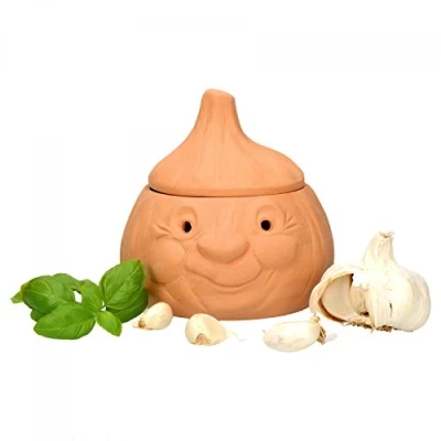 Afbeelding van MamboCat Knoflookpot met deksel voor het bewaren van ca. 250 g knoflook, 100% natuurlijk product echt terracotta