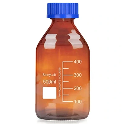 Afbeelding van stonylab 1 x GL45 schroefsluiting, 500 ml, van amberkleurig borosilicaatglas, rond, met schaalverdeling, voor laboratoriumreagentia, opbergflessen blauw