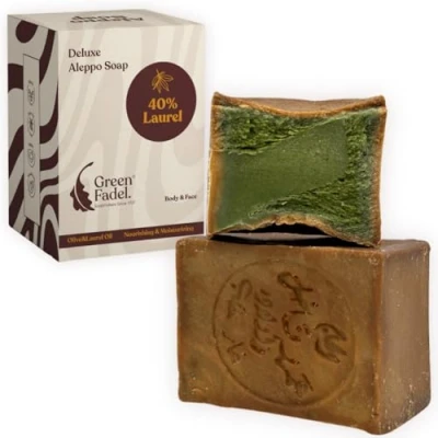 Afbeelding van Green Fadel Aleppo Premium zeep 40% laurierolie, 60% olijfolie, 1 x 200 g, handgemaakt, veganistisch, pure natuurlijke gezichts en lichaamszeep, douchezeep,