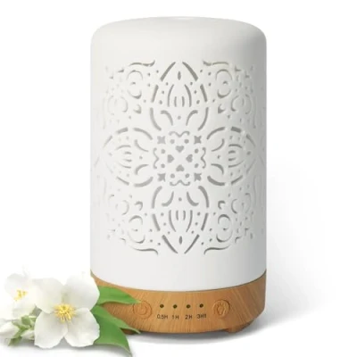 Afbeelding van Earnest Living Aromadiffuser voor etherische oliën, 100 ml, witte keramiek, geurolie diffuser, elektrische aromalamp, luchtbevochtiger, bedlampje, 7 lichtkleuren,
