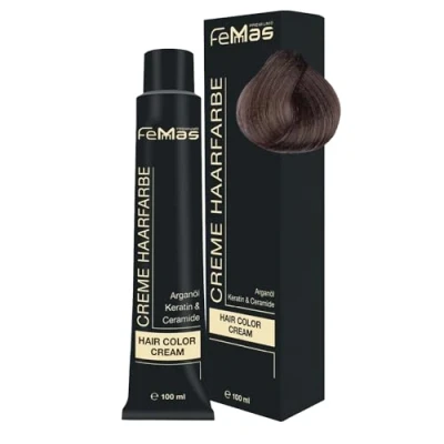 Image de FemMas Teinture pour cheveux, 100 ml Crème professionnelle enrichie à l’huile d&#039;argan nourrissante, la kératine et aux céramides Comme coloration permanente ou teinte Blond foncé sablé 6.7
