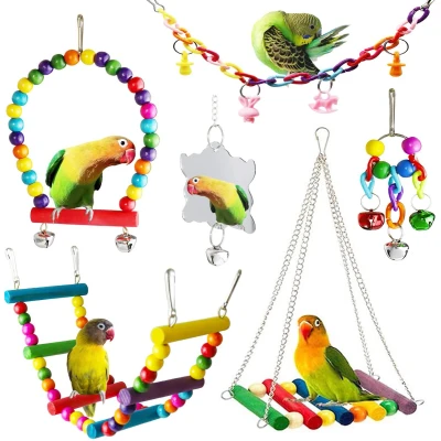 Afbeelding van ESRISE Lot de 7 jouets à suspendre pour perroquet, cage oiseaux, hamac balançoire échelles en bois grands perroquets, conures, oiseaux d&#039;amour, petites perruches, calopsittes, aras, pinsons