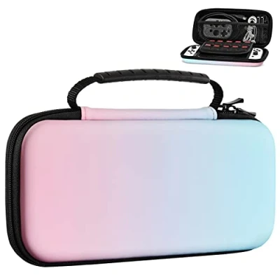 Afbeelding van MoKo Draaghoes compatibel met Nintendo Switch OLED model 2021/Switch, draagbare EVA beschermhoes 10 speelkaartvakken, opbergtas voor accessoires, roze/blauw
