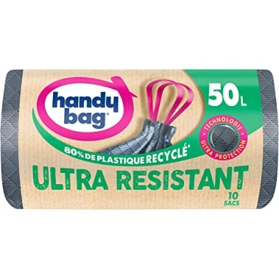 Afbeelding van Handy Bag Vuilniszakken met schuifhandgrepen, 50 l x 10 zakken Ultra bescherming: inslag en drielaagse folie lekvrije bodem maximale waterdichtheid 100% gerecycled kunststof