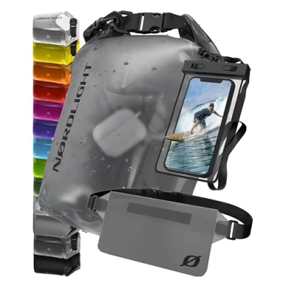 Afbeelding van waterdichte zak met waterdicht telefoonzakje en heupzak transparant antraciet, 5 l, IPX8 rolsluiting. Zwemmen, strand, kanoën, stand up peddel, duiken