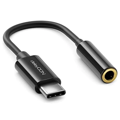 Afbeelding van deleyCON Hoofdtelefoonadapter, 10 cm, USB C naar 3,5 mm jackstekker, compatibel met Apple Samsung Google Huawei Xiaomi smartphone mobiele telefoon tablet laptop pc oppervlak enz. zwart