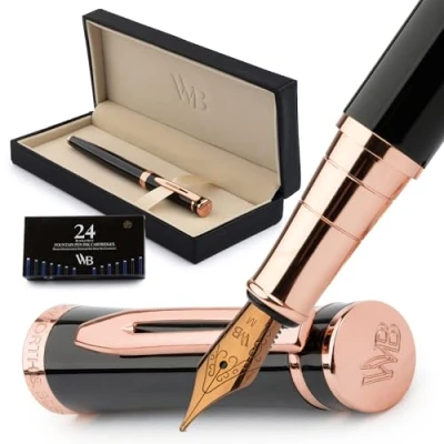 Afbeelding van Wordsworth &amp; Black Ensemble de stylo plume, pointe moyenne dorée 18 carats, comprend 24 cartouches d&#039;encre, convertisseur recharge d&#039;encre et coffret cadeau, finition dorée, calligraphie, [or rose