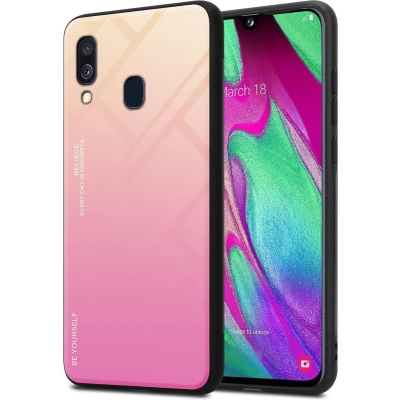 Afbeelding van Cadorabo Hoesje geschikt voor Samsung Galaxy A40 in GEEL ROZE Tweekleurige beschermhoes van TPU silicone Case Cover en achterzijde gehard glas