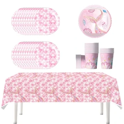 Afbeelding van YINcrinx Roze zeemeerminstaart partyservies inclusief borden, kopjes, tafelkleden, servetten, geschikt voor zeemeerminstaartdecoraties en kinderverjaardagen, feestjes