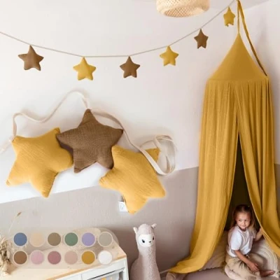 Afbeelding van lilimaus vlaggetjesslinger met sterren van stof, voor kinderkamer, 100% katoen, handgemaakt, chiffon, wimpelslinger, meisjesbeddecoratie