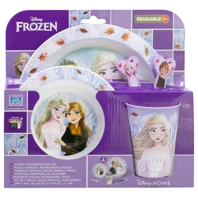 Afbeelding van Herbruikbare serviesset voor kinderen, magnetronbestendig, bestaande uit beker, bord, kom en bestek Frozen