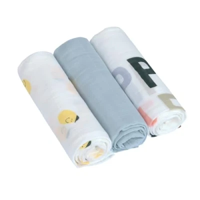 Afbeelding van LÄSSIG Baby laken voor kinderopvang, katoen, 80 x cm, heavenly soft swaddle, L Happy Fruits, citroen, 3 stuks