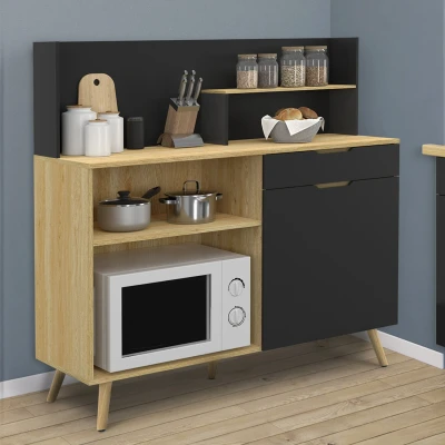 Image de Buffet bas de cuisine 120 cm OLAF plan travail H.83 1 porte + tiroir façon hêtre et noir