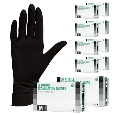 Image de Lot de 10 boîtes 100 gants jetables en nitrile non poudrés, sans latex, stériles, noirs, taille M, noirs