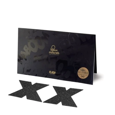 Image de BIJOUX INDISCRETS Flash Croix, Cache Sein Auto Fixant &amp; Hypoallergénique en Tissu Souple Pailleté, Noir
