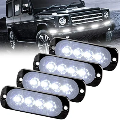 Afbeelding van Sidaqi Stroboscooplichten, noodwaarschuwing, flits, gevaar, waarschuwingslamp, 4 leds, wit, voor voertuig, vrachtwagen, aanhanger, 12 24 V (4 stuks)
