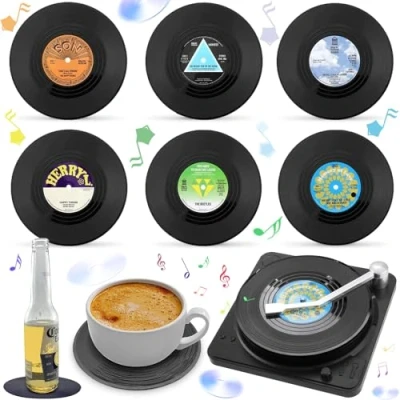 Afbeelding van onderzetters van vinyl, antislip, geïsoleerd, voor decoratie vinylplaten, retro dranken, antislip met standaard