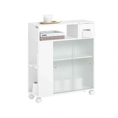Afbeelding van SoBuy BZR117 W Toiletkast, compact, oprolbaar, smalle badkamerkast op wielen, toiletpapierhouder met 2 schuifdeuren van glas, 60 x 20 71 cm