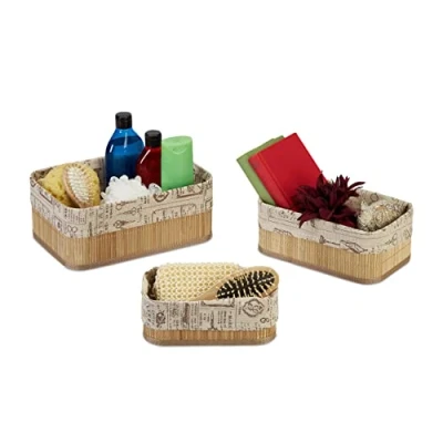Afbeelding van Relaxdays opbergmand set van 3 kastmand rechthoekig bamboe &amp; stof print natuur