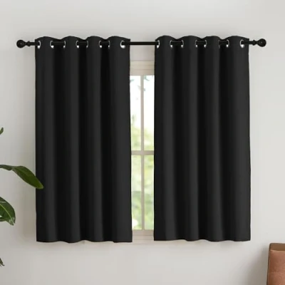 Afbeelding van NICETOWN Thermische gordijnen, ondoorzichtig, kort, kleine gordijnen met ringen, lichtblokkering, decoratie voor keuken, slaapkamer, breedte 140 x hoogte 145 cm, zwart, 2 stuks