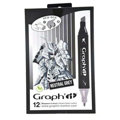 Afbeelding van GRAPH&#039;IT Marker Alcoholmarkers met dubbele punt voor manga tekening en illustratie, fijne afgeschuinde punt, neutraal grijs, set van 12