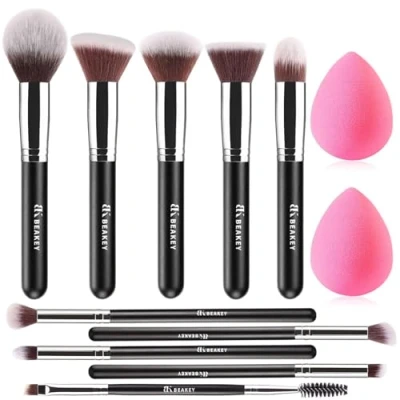 Image de BEAKEY Pinceaux Maquillages Professionnel, Pinceau Maquillage Pour Fond de Teint Blush L&#039;anti cernes Fard à Paupières Poudre Libre, Avec Blender Eponge (10+2pcs)