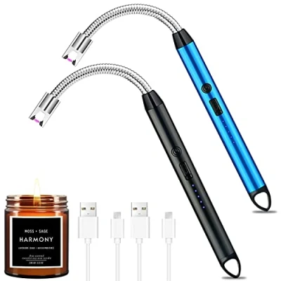Afbeelding van NCKIHRKK Set van 2 lichtboogaanstekers, 360 graden flexibele hals, winddicht, vlamloos, USB oplaadbaar, voor het aansteken kaarsen, barbecue, camping, open haard (zwart + blauw)