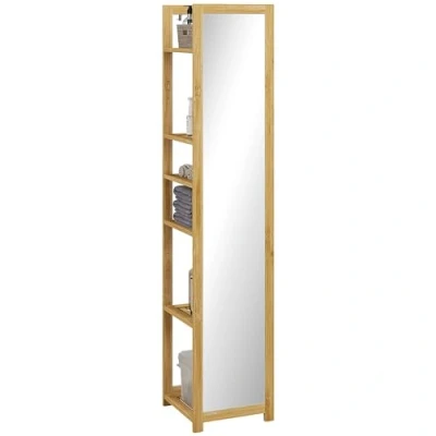 Afbeelding van HOMCOM Badkamerrek met 6 niveaus, houder van bamboe spiegel, kast meerdere vakken, planken, naturel, 35 x 168 cm