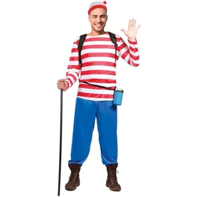 Afbeelding van Guirca Where&#039;s Wally Kostuum Gaat Hiken Man Blauw, Rood, Wit / Beige Maat 46 48 Carnavalskleding Verkleedkleding