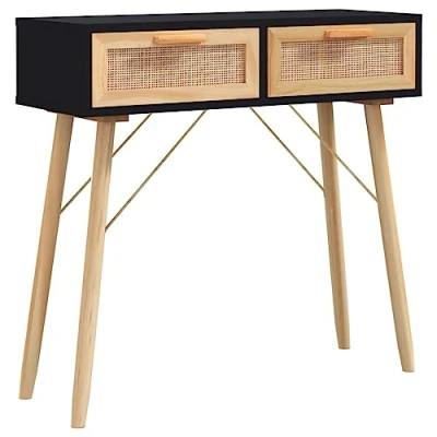 Image de vidaXL Table console Noir 80x30x75 cm Bois massif pin /rotin naturel345625