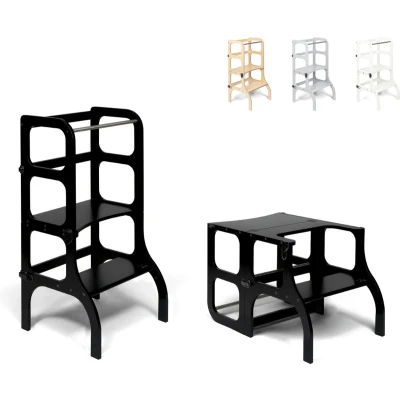 Afbeelding van Ette Tete Step &#039;n Sit Leertoren Zwart met zilveren clips Inklapbaar tot tafel en stoel Learning Tower Montessori inspired Keukentrap Keukenhulp Leerstoel Veilig Duurzaam