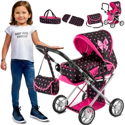 Afbeelding van Kinderplay kinderwagen pop, speelgoed voor babypop, gondola, verstelbare handgreep, max. 63 cm, met zachte stekker, 3 in 1, KP0200R