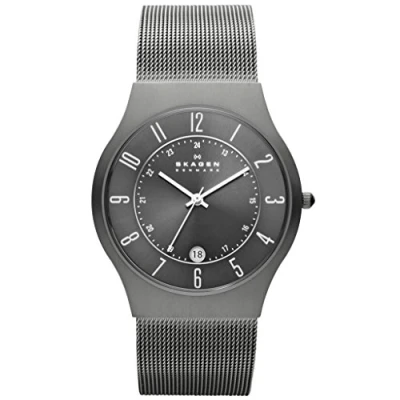 Afbeelding van Skagen Sundby Herenhorloge, kwartsuurwerk, roestvrij stalen armband, lederen band, Grijs en Blauw, armband