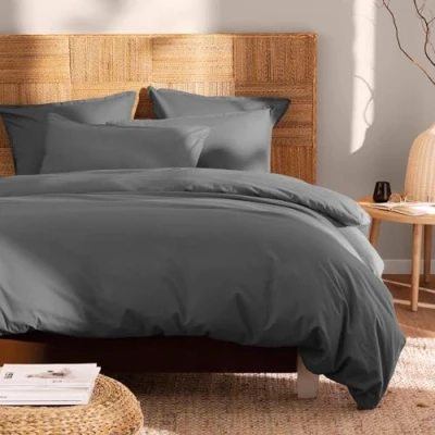 Afbeelding van MATT &amp; ROSE Beddengoedset voor tweepersoonsbed, gewassen katoen, 100% Oeko Tex [dekbedovertrek 260 x 240 cm + 2 kussenslopen met volants, 65 cm, uniseks, antraciet