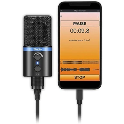 Afbeelding van IK Multimedia IRIG MIC STUDIO BLACK USB studiomicrofoon Zendmethode:Kabelgebonden Incl. klem, Voet, Metalen behuizing Kabelgebonden