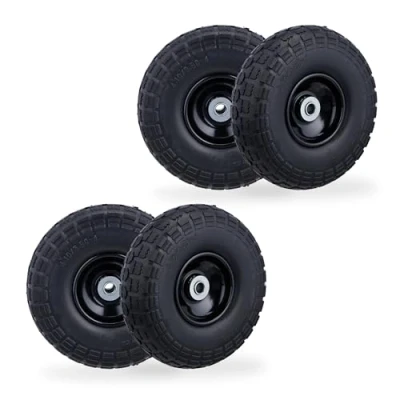 Afbeelding van Relaxdays Set van 4 steekwagenwielen, lekvrije massieve banden, 4,10/3,50 inch, stalen velg, tot 150 kg, 260 x 85 mm, zwart