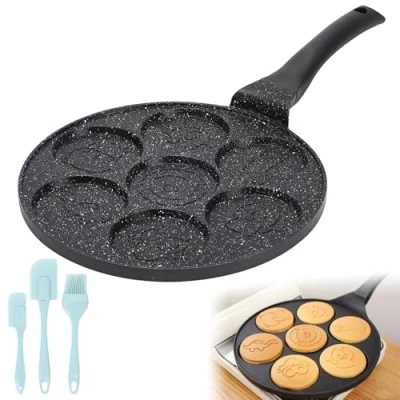 Afbeelding van pannenkoekenpan, 7 gaten, met olieborstel, eierpan, oogpan, antiaanbaklaag, voor pannenkoeken, omeletten, spiegeleieren, pannenkoeken (diameter 26 cm)