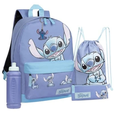 Afbeelding van Disney Stitch schooltassenset, 5 delige set, met rugzak, trekkoordtas, potloodzakje, waterfles en sleutelhanger Gifts, Blauw, One Size, Schooltas Set