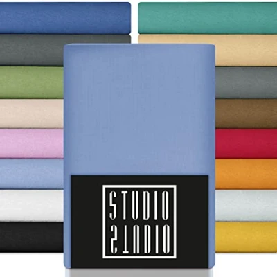 Afbeelding van STUDIO Basic Hoeslakens, set van 2, 90 x 200 cm, 100% gekamd katoen, Oeko Tex 100 gecertificeerd, merkkwaliteit, bedlaken, 200, tot 25 cm hoogte, middenblauw